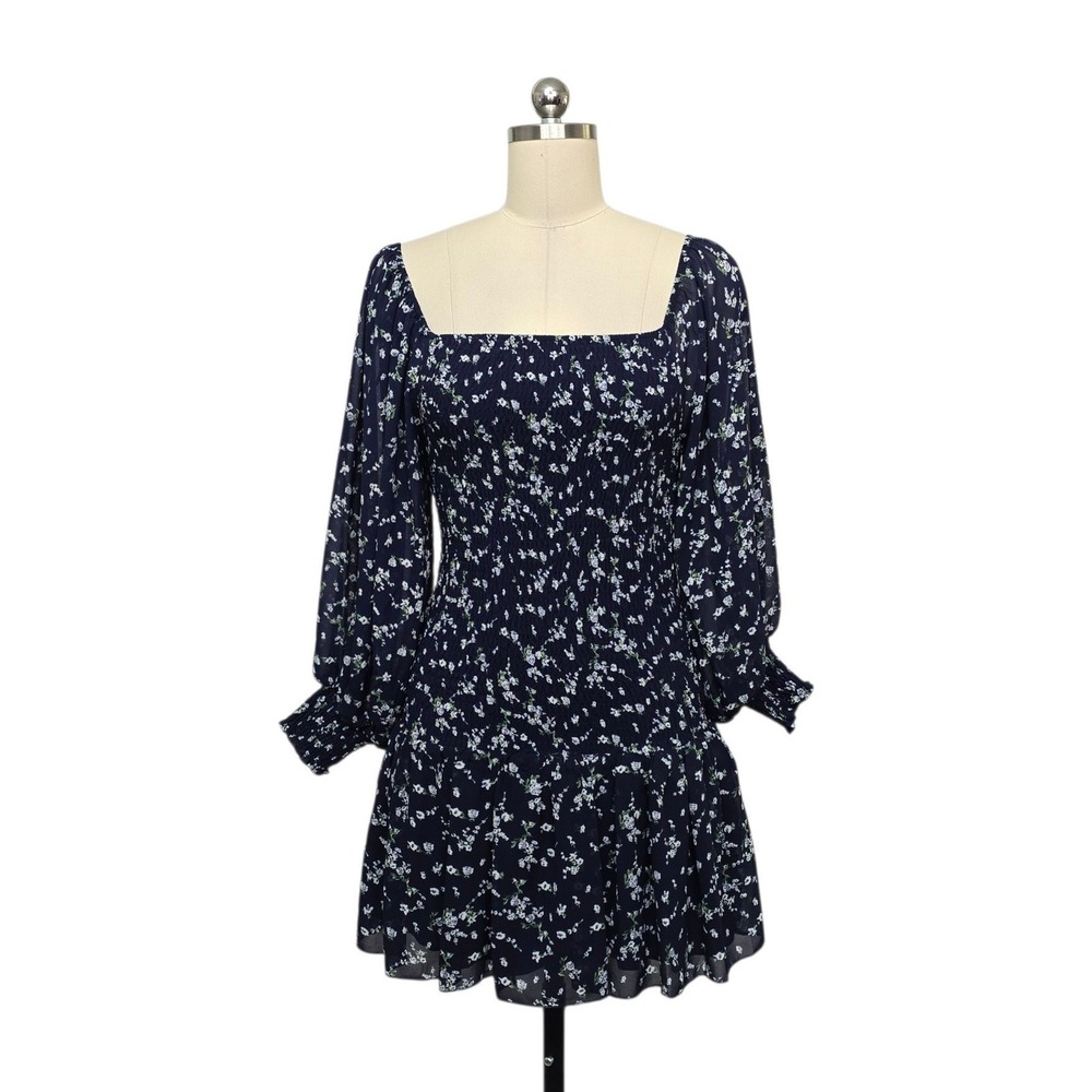 MABLE Navy Blue Floral Smocked Mini Dress Square Neck Long Sleeve Size Small